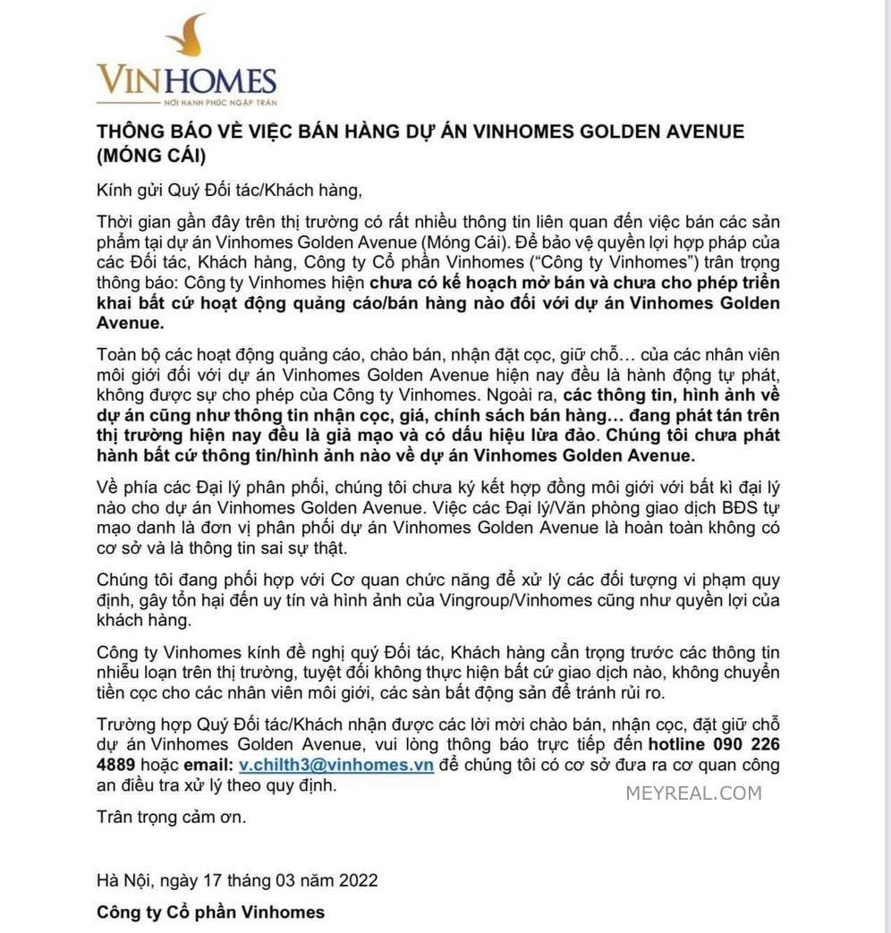 Thông báo việc bán hàng dự án Vinhomes Golden Avenue Móng Cái.