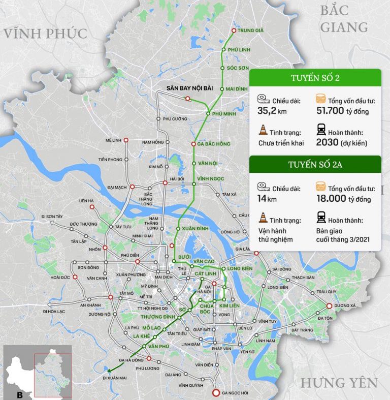 Lộ trình tuyến đường sắt đô thị số 2 và 2A Hà Nội